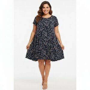 Sadie & Sage Navy Floral Mini Smock Dress Women's XL Boho Flowy Short Sleeve UGC